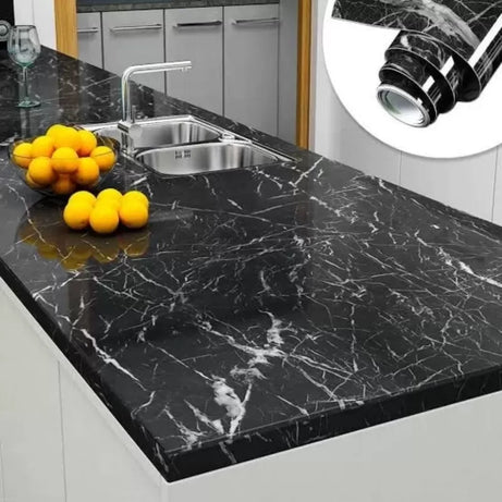 Self Adhesive Black & White Marble Sheet for Kitchen / Waterproof Anti Oil & Heat Resistant Wallpaper Sheet