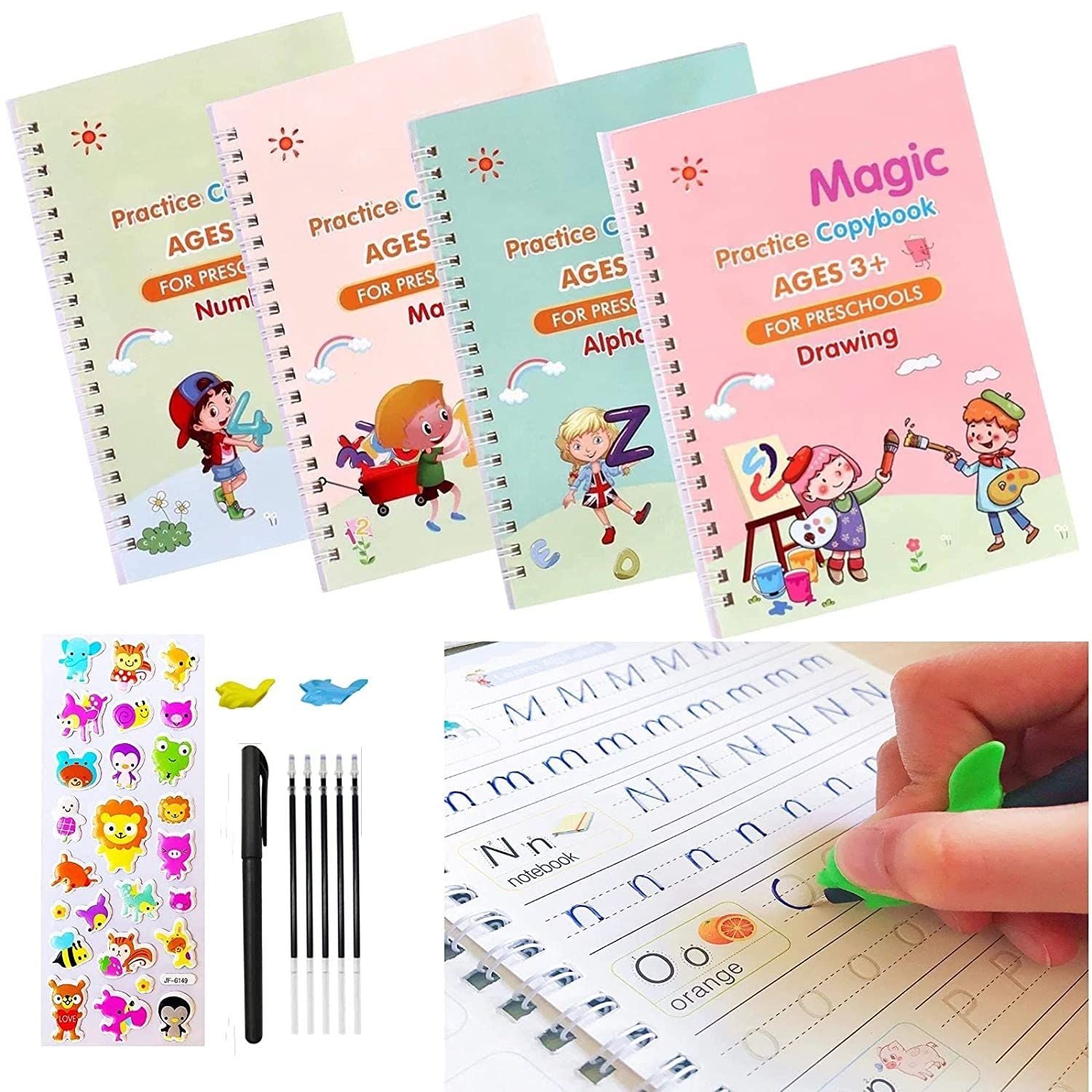 Set of 4 Sank Magic Learning Book with Magic Pen & 6 Refills, Practice book For Montessori children Tracing Handwriting First Learning Books for Kids - Oshi.pk - Buy & Sell Online