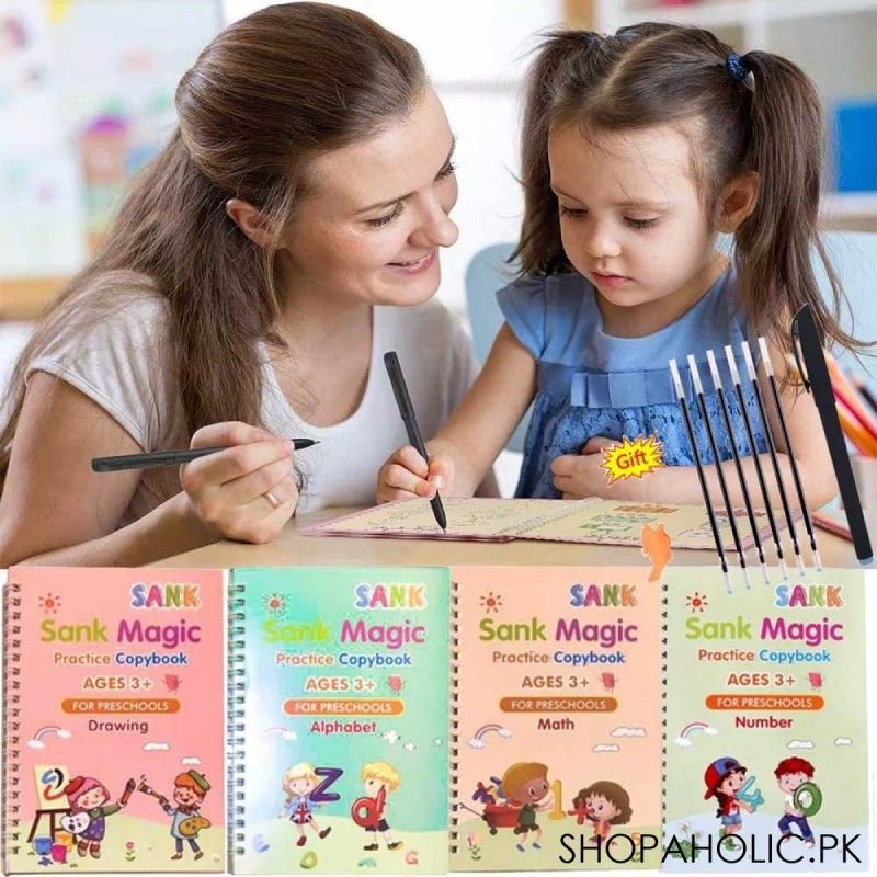 Set of 4 Sank Magic Learning Book with Magic Pen & 6 Refills, Practice book For Montessori children Tracing Handwriting First Learning Books for Kids - Oshi.pk - Buy & Sell Online