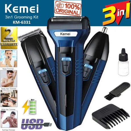 Shaving Machine Kemei Km-6331 3 In 1 Rechargeable Hair Clipper Shaver beard Styling Hair Removal machine for men - Oshi.pk - Buy & Sell Online