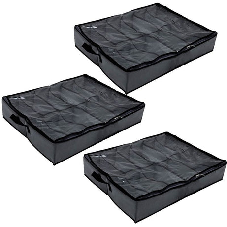 Pack of 3 - Shoes Under Bed Shoe Organizer Bag Hard Solid Fabric with Clear Plastic Zip Cover - Oshi.pk - Buy & Sell Online