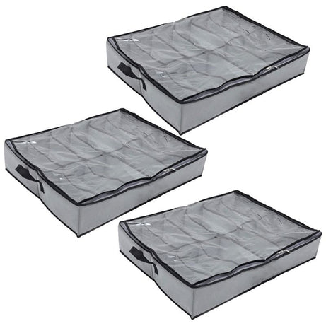 Pack of 3 - Shoes Under Bed Shoe Organizer Bag Hard Solid Fabric with Clear Plastic Zip Cover - Oshi.pk - Buy & Sell Online