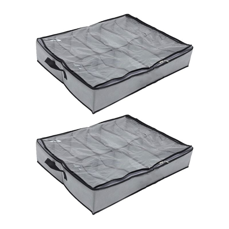 Pack of 2 - Shoes Under Bed Shoe Organizer Bag Hard Solid Fabric with Clear Plastic Zip Cover - Oshi.pk - Buy & Sell Online