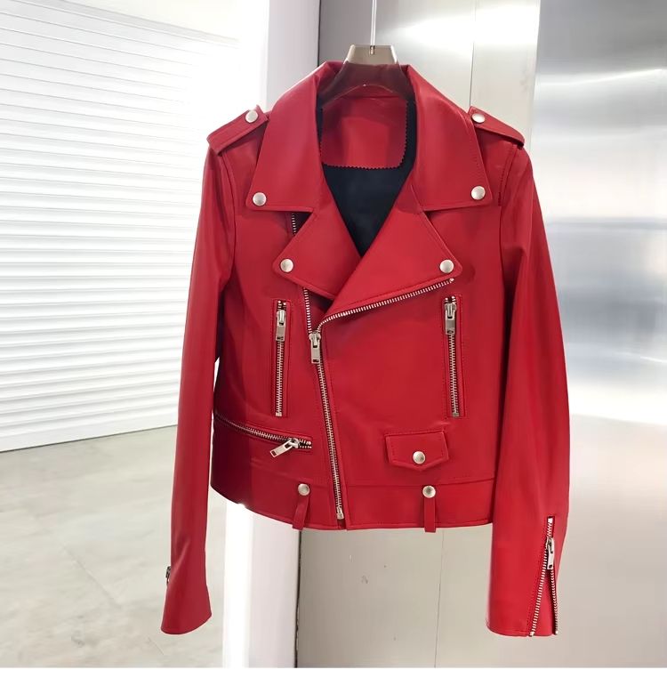 Short Leather Motorcycle Biker Jacket For Women