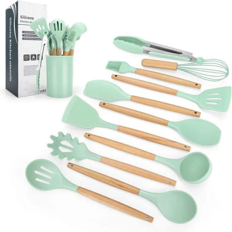 Silicone Kitchenware Set Kitchen Utensils Cooking Sets Non stick Spatula Silicone Kitchen Tools with Wooden Handle Heat Resistant Non Toxic BPA Free - Oshi.pk - Buy & Sell Online