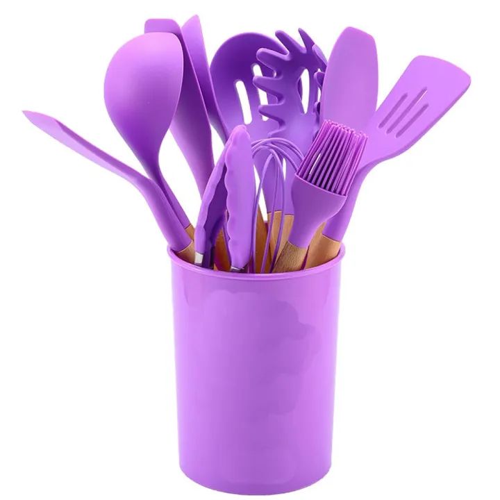 Silicone Kitchenware Set Kitchen Utensils Cooking Sets Non stick Spatula Silicone Kitchen Tools with Wooden Handle Heat Resistant Non Toxic BPA Free - Oshi.pk - Buy & Sell Online