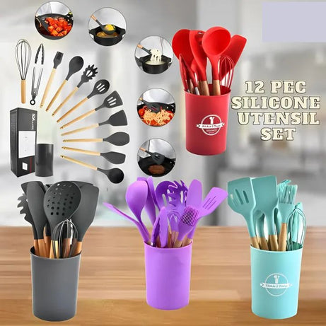Silicone Kitchenware Set Kitchen Utensils Cooking Sets Non stick Spatula Silicone Kitchen Tools with Wooden Handle Heat Resistant Non Toxic BPA Free - Oshi.pk - Buy & Sell Online