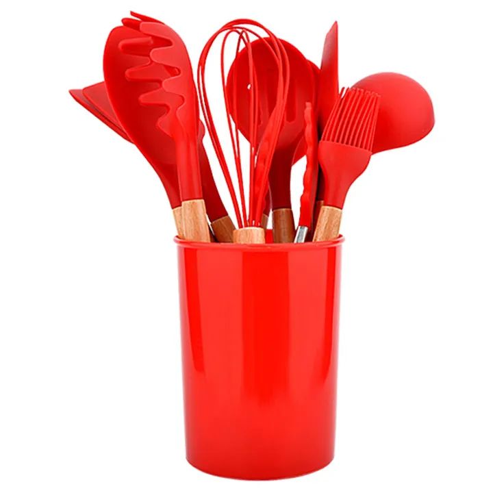 Silicone Kitchenware Set Kitchen Utensils Cooking Sets Non stick Spatula Silicone Kitchen Tools with Wooden Handle Heat Resistant Non Toxic BPA Free - Oshi.pk - Buy & Sell Online