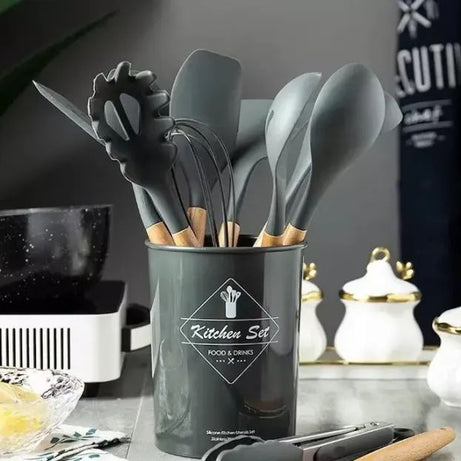 Silicone Kitchenware Set Kitchen Utensils Cooking Sets Non stick Spatula Silicone Kitchen Tools with Wooden Handle Heat Resistant Non Toxic BPA Free - Oshi.pk - Buy & Sell Online