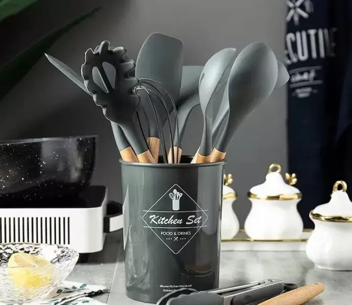 Silicone Kitchenware Set Kitchen Utensils Cooking Sets Non stick Spatula Silicone Kitchen Tools with Wooden Handle Heat Resistant Non Toxic BPA Free - Oshi.pk - Buy & Sell Online