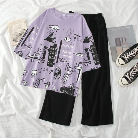 Purple Printed Half Sleeves Tshirt and Checkered Pajama Home Wear - Oshi.pk - Buy & Sell Online