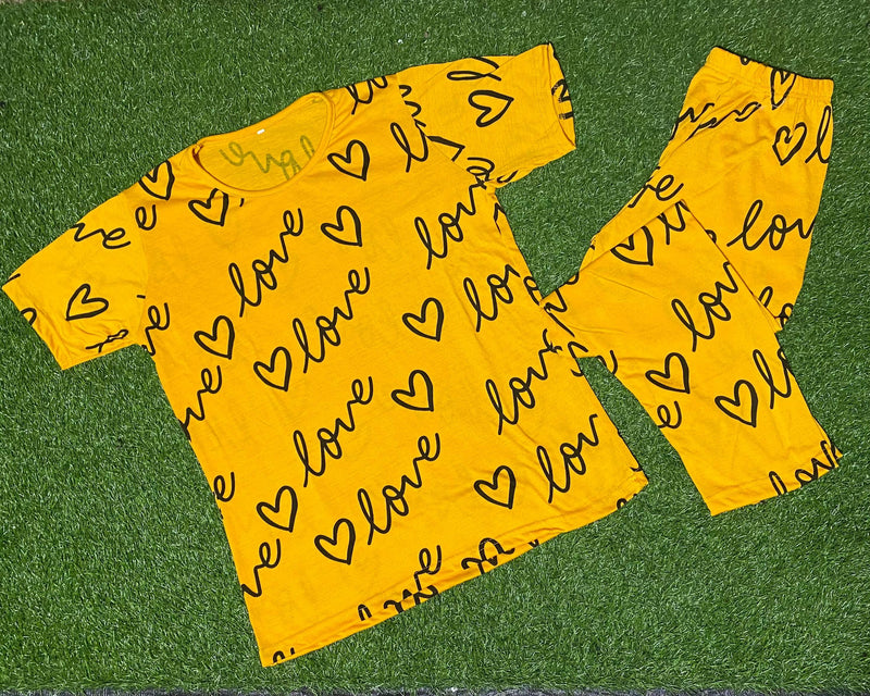 Yellow Love Printed Half Sleeves Tshirt and Pajama Home Wear - Oshi.pk - Buy & Sell Online
