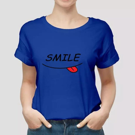 Smile Face Half Sleeves Blue T-shirt For Women - Oshi.pk - Buy & Sell Online