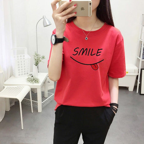 Smile Face Half Sleeves Red T-shirt For Women - Oshi.pk - Buy & Sell Online