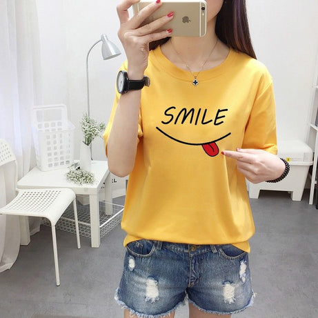 Smile Face Half Sleeves Yellow T-shirt For Women - Oshi.pk - Buy & Sell Online