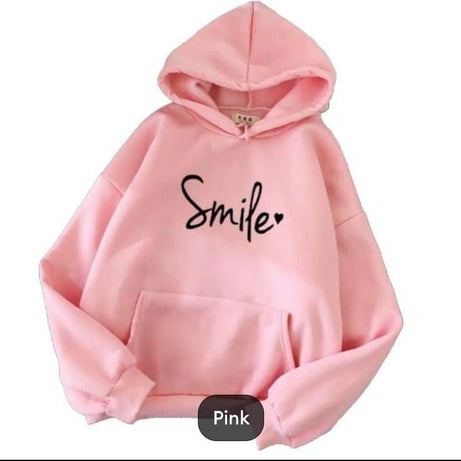 Smile Printed Fleece Full Sleeves Pull Over Hoodie In Pink For Women & Girls - Oshi.pk - Buy & Sell Online