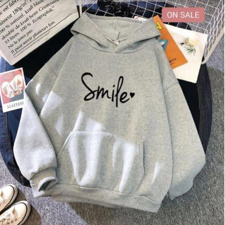 Smile Printed Fleece Full Sleeves Pull Over Hoodie In grey For Women & Girls - Oshi.pk - Buy & Sell Online