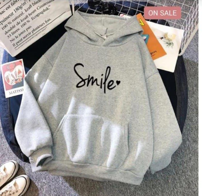 Smile Printed Fleece Full Sleeves Pull Over Hoodie In grey For Women & Girls - Oshi.pk - Buy & Sell Online