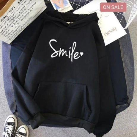 Smile Printed Fleece Full Sleeves Pull Over Hoodie In black For Women & Girls - Oshi.pk - Buy & Sell Online