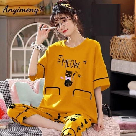 New Meow Printed Night Dress Tshirt and Trouser For Her