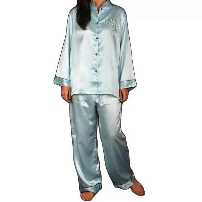 Solid Satin PJ sets with EMB (PJ-09) - Oshi.pk - Buy & Sell Online