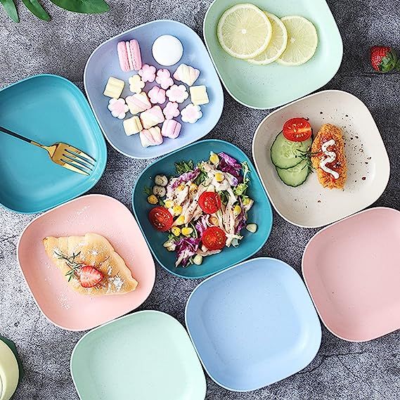 Square Plastic Dinner Plate Set (Set of 10 Pcs) Colorful Snacks Breakfast Plate with Stand - Oshi.pk - Buy & Sell Online