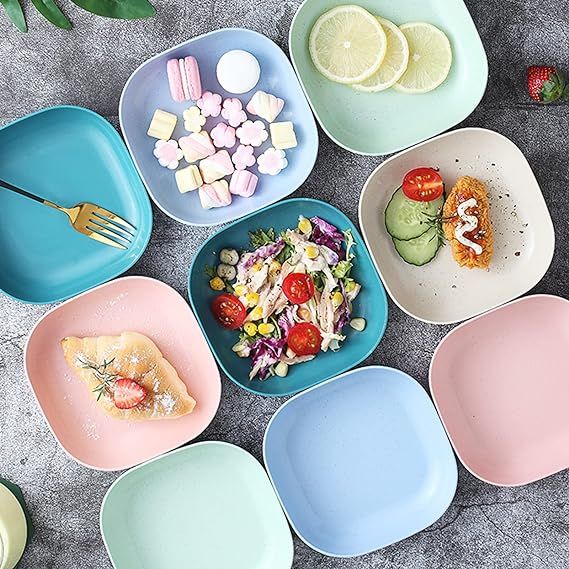 Square Plastic Dinner Plate Set (Set of 10 Pcs) Colorful Snacks / Breakfast Plate with Stand - Oshi.pk - Buy & Sell Online