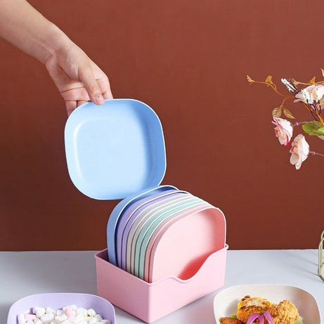 Square Plastic Dinner Plate Set (Set of 10 Pcs) Colorful Snacks / Breakfast Plate with Stand - Oshi.pk - Buy & Sell Online