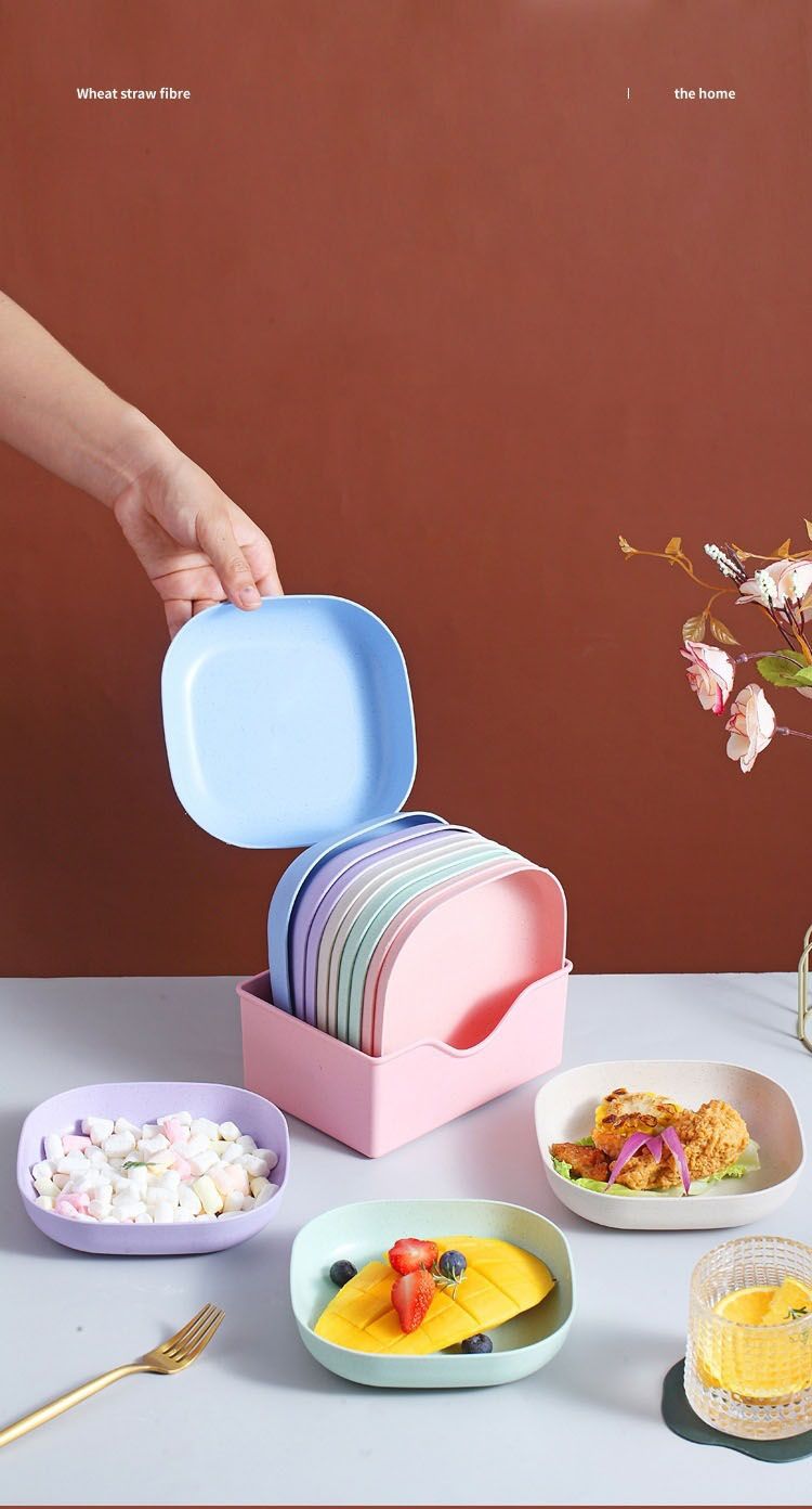 Square Plastic Dinner Plate Set (Set of 10 Pcs) Colorful Snacks / Breakfast Plate with Stand - Oshi.pk - Buy & Sell Online