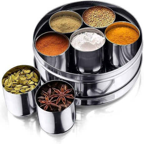 Stainless Steel Double Lid Spice Masala Boxes 7pcs - Oshi.pk - Buy & Sell Online