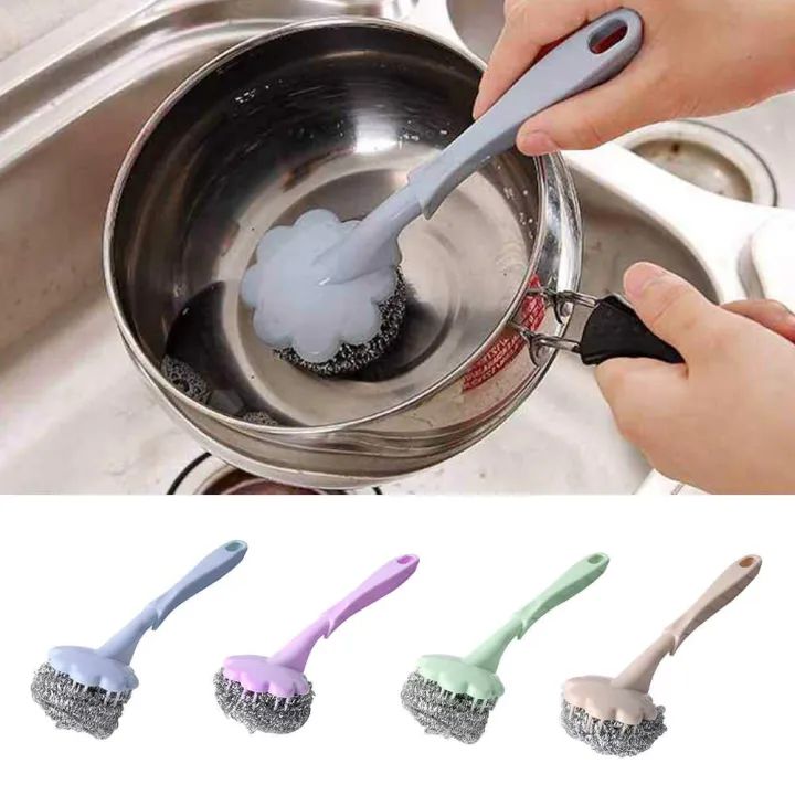 Stainless Steel Wool Ball Brush With Long Handle Kitchen Hanging Strong Cleaning - Oshi.pk - Buy & Sell Online