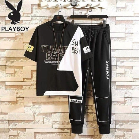 Black & White Short Sleeves Printed Tracksuit For Men