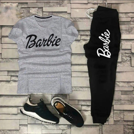 Stylish Summer Barbie Printed Tracksuit For Girls & Womens - Soft and Comfortable Fabric Grey T Shirt & Black Trouser Tracksuit - Oshi.pk - Buy & Sell Online