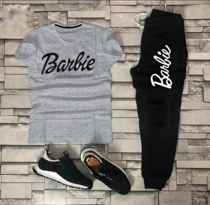 Stylish Summer Barbie Printed Tracksuit For Girls & Womens - Soft and Comfortable Fabric Grey T Shirt & Black Trouser Tracksuit - Oshi.pk - Buy & Sell Online