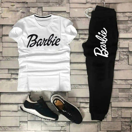Stylish Summer Barbie Printed Tracksuit For Girls & Womens - Soft and Comfortable Fabric White T Shirt & Black Trouser Tracksuit - Oshi.pk - Buy & Sell Online
