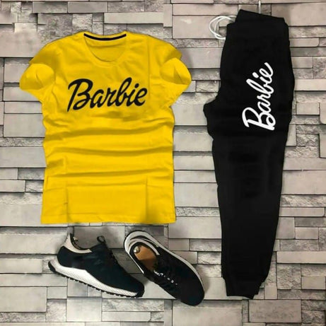 Stylish Summer Barbie Printed Tracksuit For Girls & Womens - Soft and Comfortable Fabric Yellow T Shirt & Black Trouser Tracksuit - Oshi.pk - Buy & Sell Online