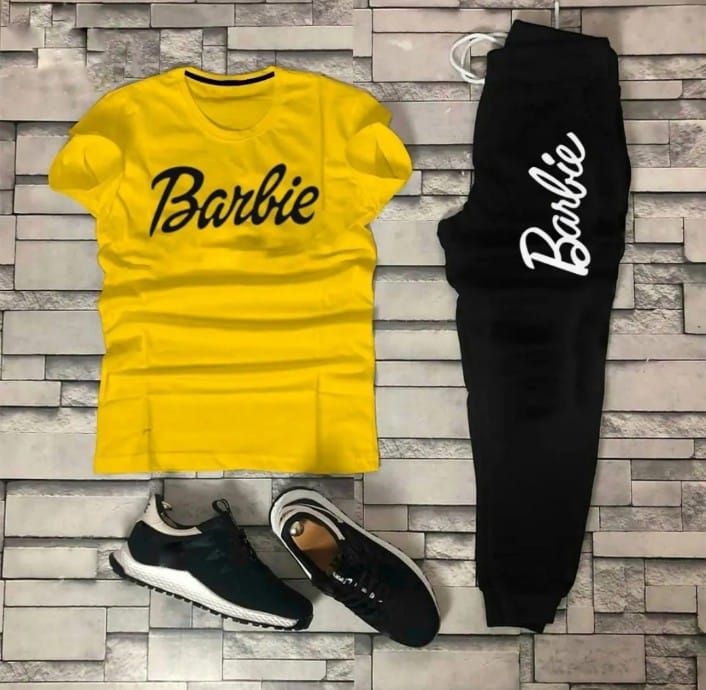 Stylish Summer Barbie Printed Tracksuit For Girls & Womens - Soft and Comfortable Fabric Yellow T Shirt & Black Trouser Tracksuit - Oshi.pk - Buy & Sell Online