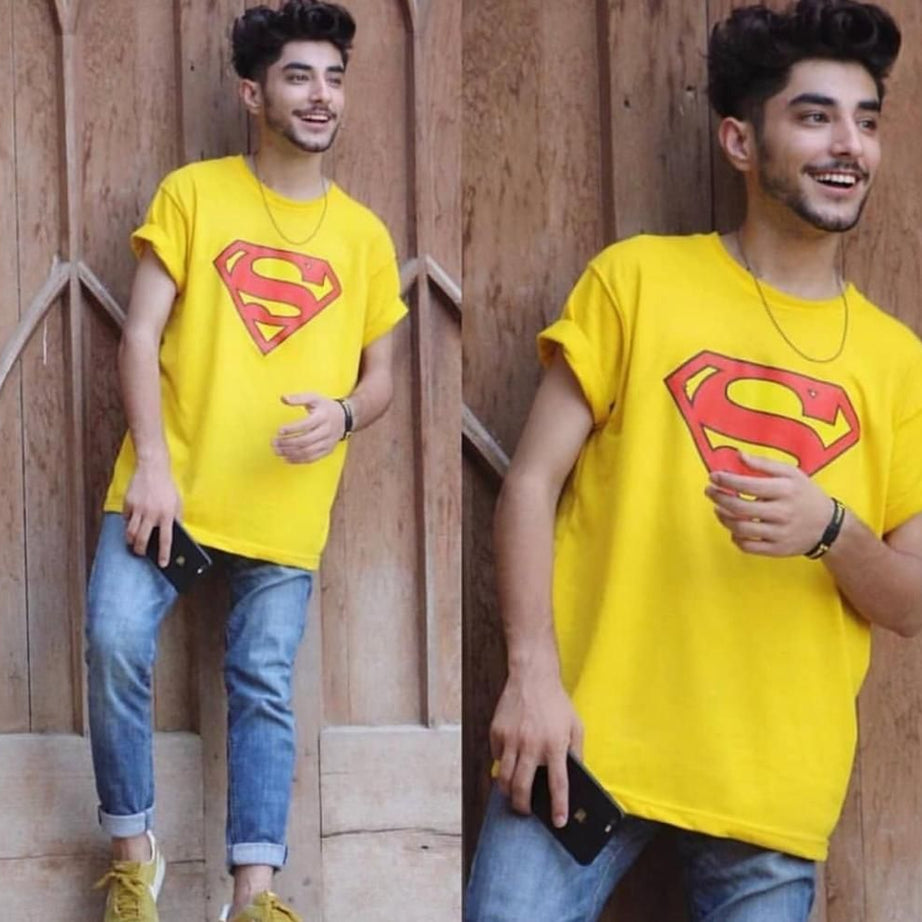 Summer Collection T Shirt Smart Fit Super Man Print O-Neck Half Sleeves Trendy YELLOW T Shirt For Men - Oshi.pk - Buy & Sell Online