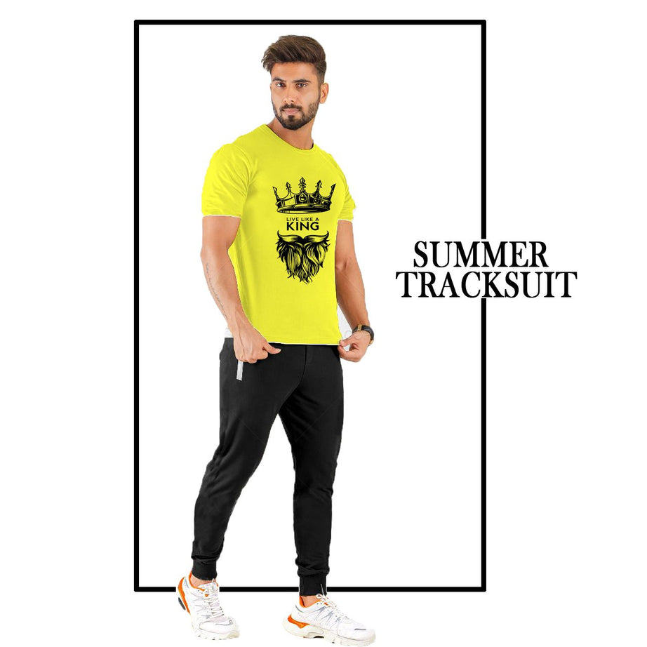 Summer LIVE LIKE A KING Printed Tracksuit For Mens Cotton Jersey Fabric Half Sleeves Yellow T shirt For Mens Printed Black Trouser Tracksuit - Oshi.pk - Buy & Sell Online