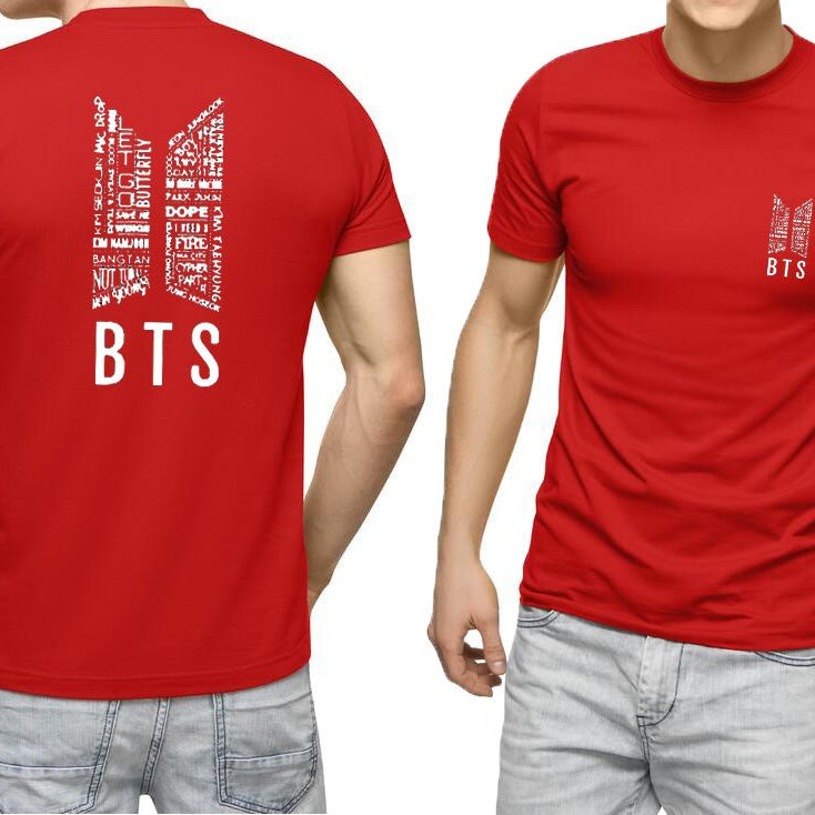 Summer Round Neck Half Sleeves Front And Back BTS Printed Red T Shirts For Men N Boys