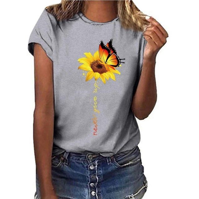 Sun Flower Print Tee Butterfly Letter Printed T Shirt for Girls/Women's - Oshi.pk - Buy & Sell Online