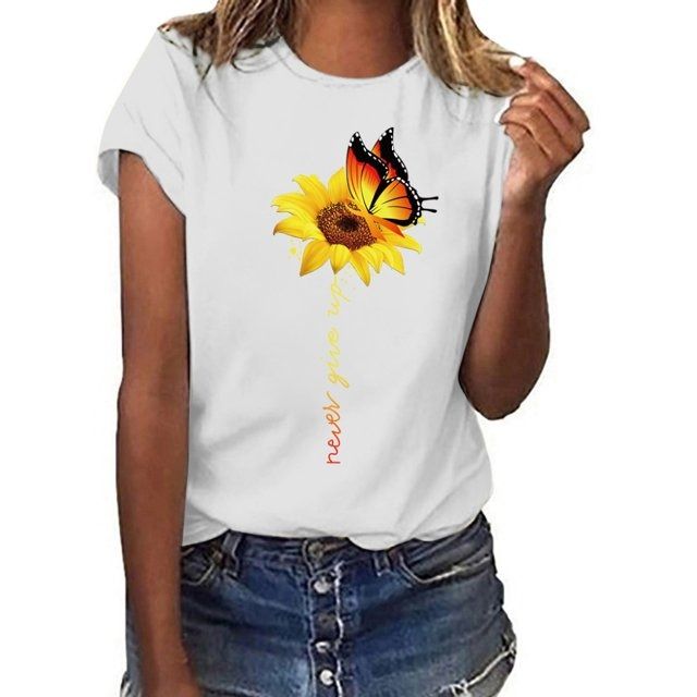 Sun Flower Print Tee Butterfly Letter Printed T Shirt for Girls/Women's - Oshi.pk - Buy & Sell Online