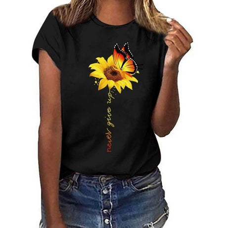 Sun Flower Print Tee Butterfly Letter Printed T Shirt for Girls/Women's - Oshi.pk - Buy & Sell Online