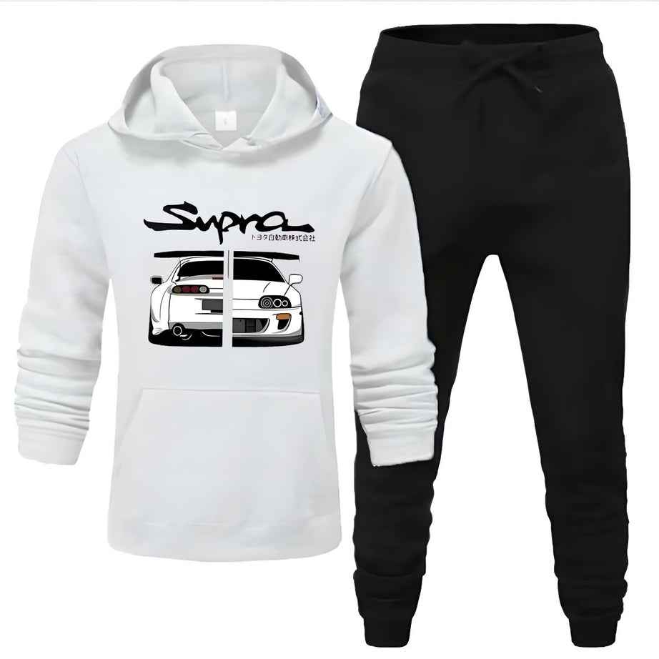 Supra Car Printed Tracksuit White Huddie & Black Trouser Trendy And Amazing Fleece Pocket Drawstring Winter Wear Smart Fit Hoody - Oshi.pk - Buy & Sell Online