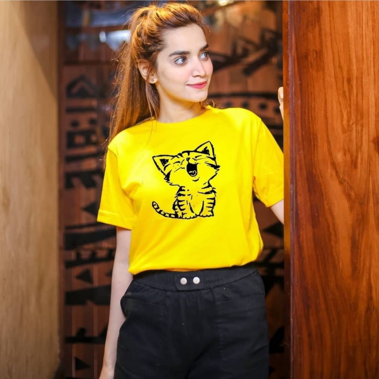 T Shirt For Girls Stylish in Yellow Cute Cat Print Round Neck Half Sleeves Tee Shirt - Oshi.pk - Buy & Sell Online
