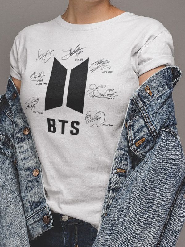 T Shirt stylish new print BTS Signature With ALL SEVEN MEMBERS SIGN Tag Line printed White T shirt round neck half sleeves shirt for women n girls - Oshi.pk - Buy & Sell Online