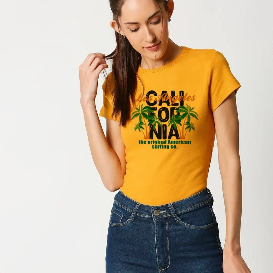 T Shirt Trendy California Printed in Yellow Shirt Design Summer Shirt Half Sleeve for Girls & Women - Oshi.pk - Buy & Sell Online