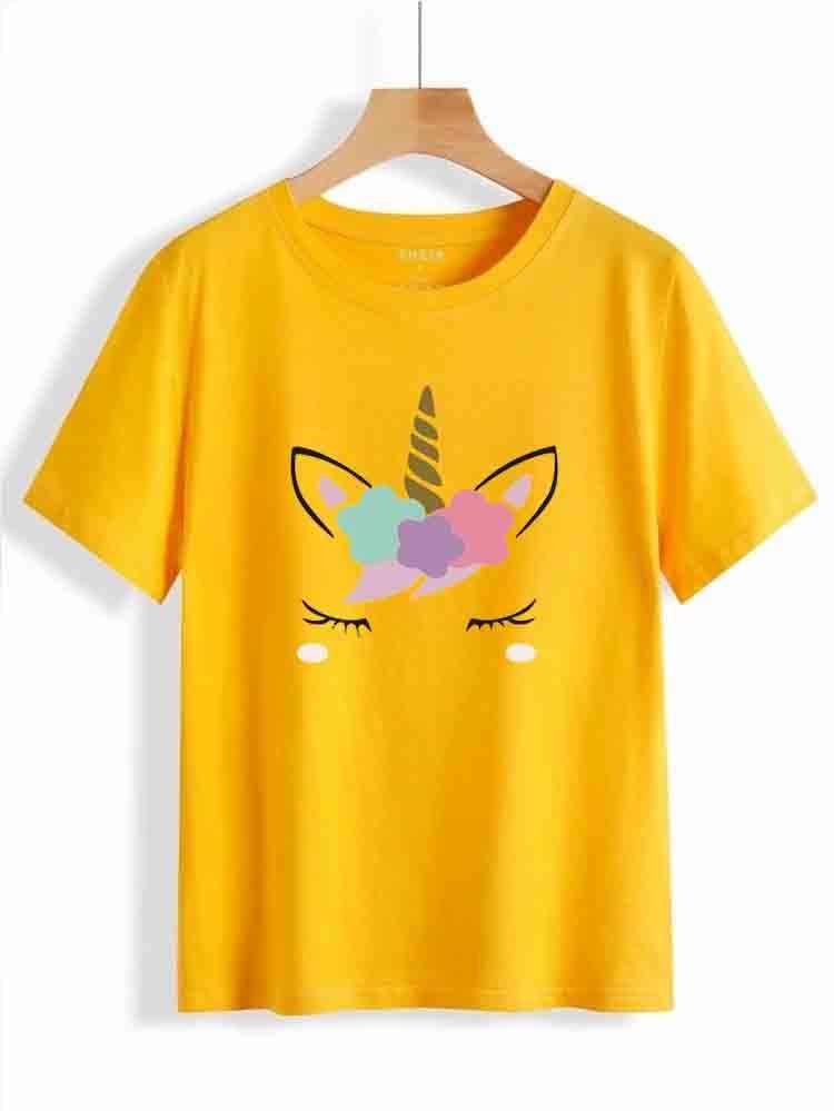 T shirt Unicorn Printed Round Neck half Sleeves Best Quality For Casual Yellow T Shirt For Ladies Women & Girls - Oshi.pk - Buy & Sell Online