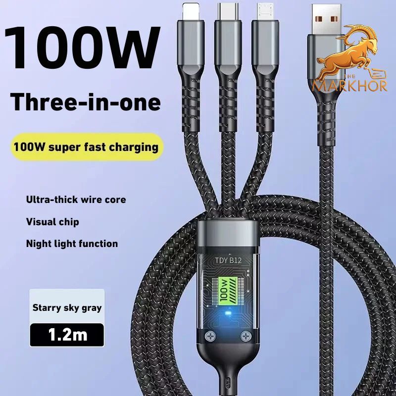 TheMarkhor 100W 3 in 1 Charging Cord Nylon Braided USB Cable with Type-C & Micro - Oshi.pk - Buy & Sell Online