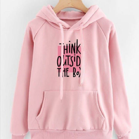 Think Outside The Box Printed Pnik Fleece Full Sleeves Pull Over Hoodie For Women & Girls